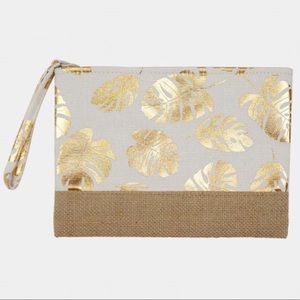 Tropical Leaf Print Zippered Wristlet - White